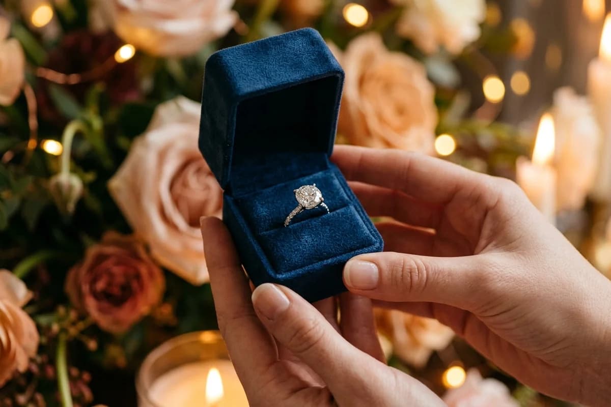 An open ring box held ready for a marriage proposal in Brisbane