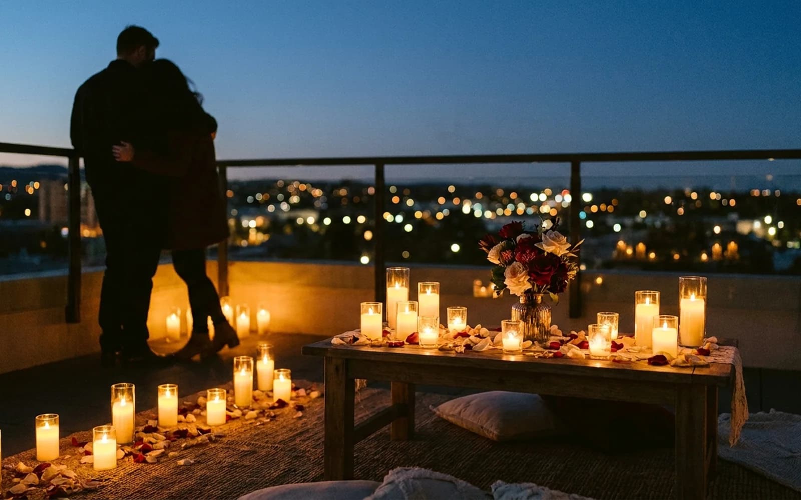 Candlelit rooftop proposal overlooking the Brisbane skyline