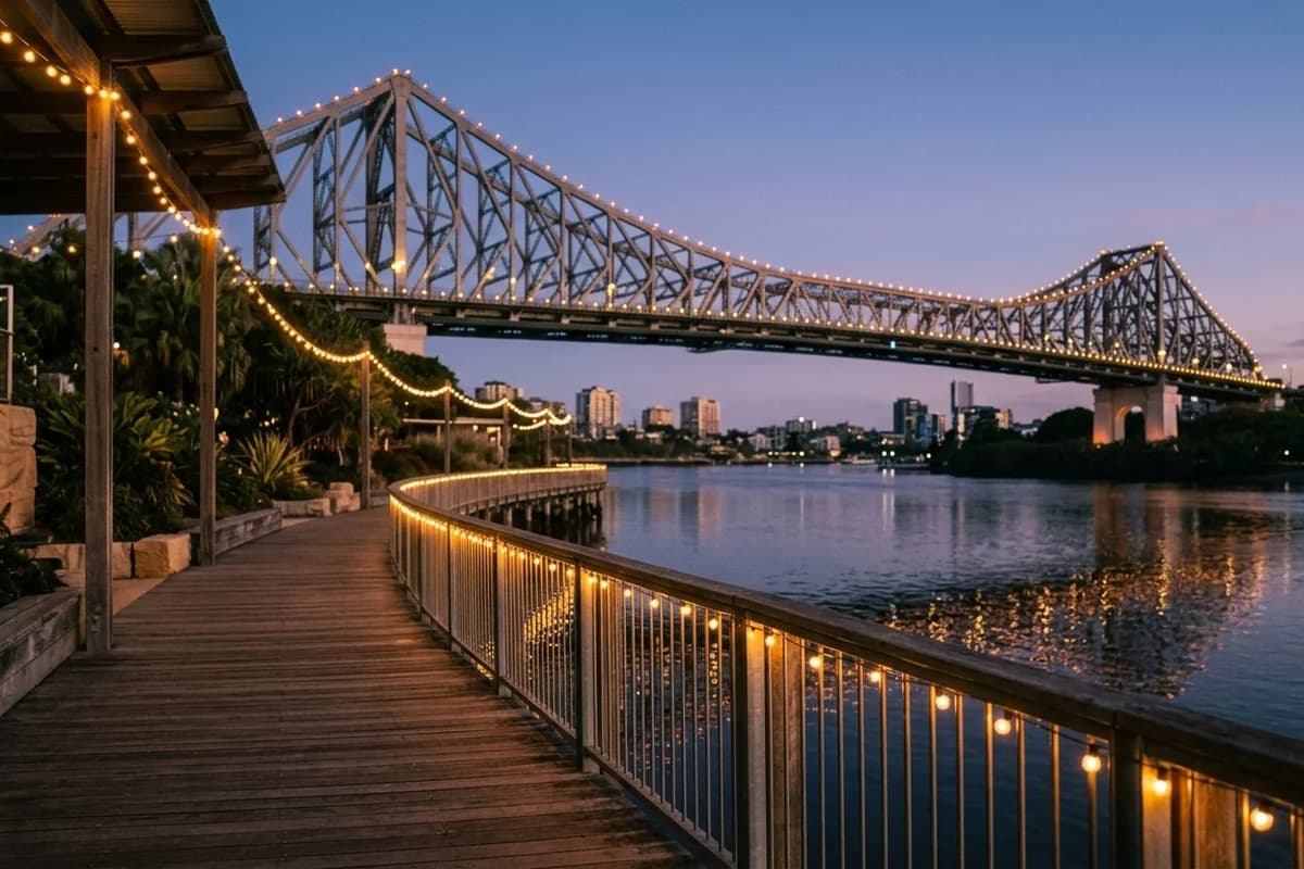 Howard Smith Wharves riverside precinct beneath the Story Bridge at dusk in Brisbane