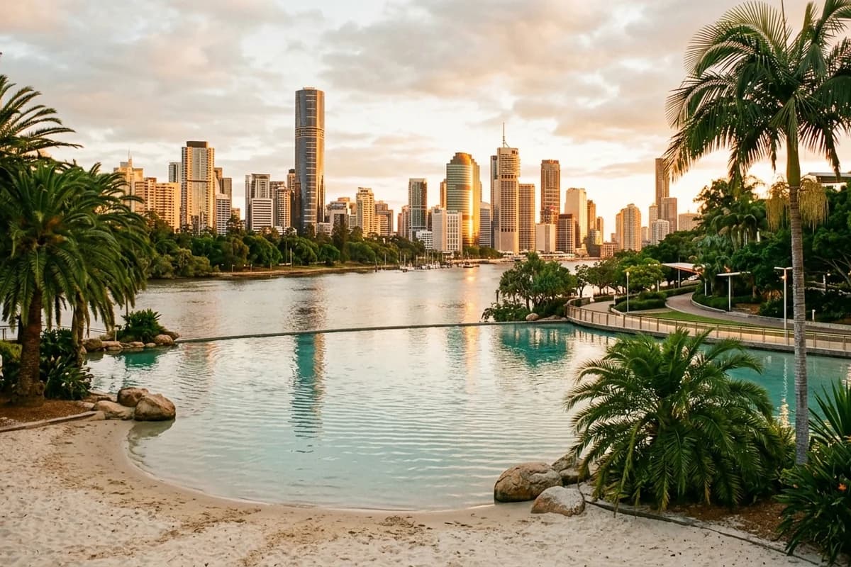 Streets Beach lagoon at South Bank Parklands with the Brisbane city skyline across the river