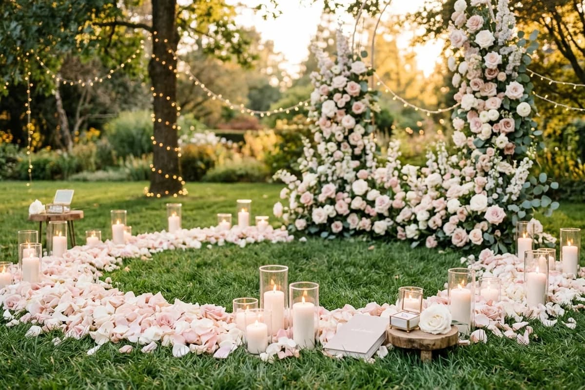 A styled Brisbane proposal setup with florals and candles
